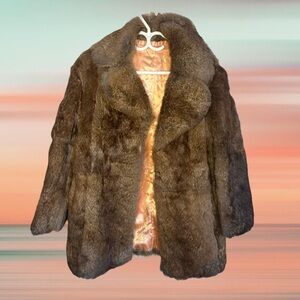 Vintage Reversible Rabbit Fur Coat -Brown Fur with Shimmering Silk Satin Lining